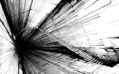 A staircase and radiating beams shoot toward a vanishing point in stark black and white line work.