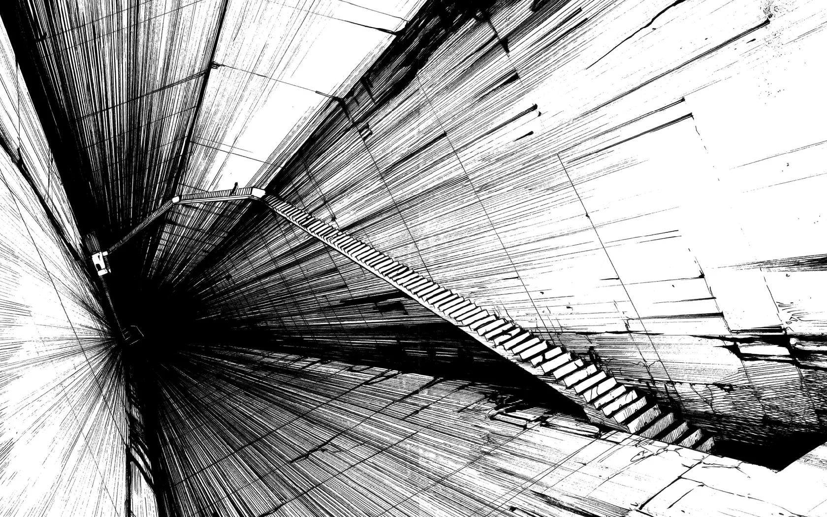 A staircase and radiating beams shoot toward a vanishing point in stark black and white line work.