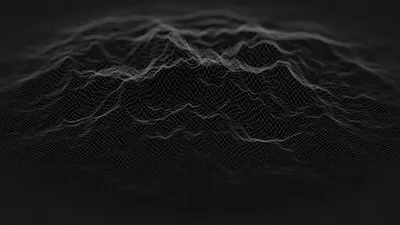 A grid mesh rises into low peaks through the middle of the frame, its white lines thinning out into black toward the bottom.