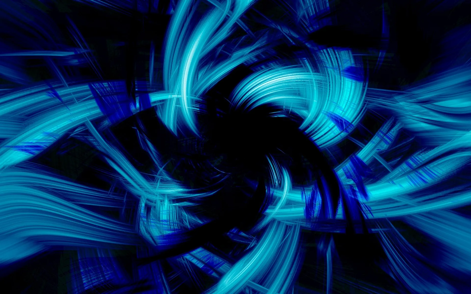 Feathered streaks of cyan and cobalt whirl around a black centre like a pinwheel, the motion blur strongest along the outer edges.