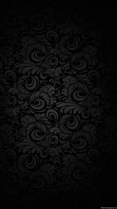 Curling damask scrollwork repeats down a tall near-black frame, the raised edges just bright enough to read against the ground.