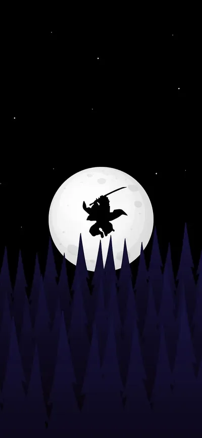 A tiny swordsman leaps across a full moon above jagged purple pines, the starred sky flat black so icons land cleanly on the upper half.