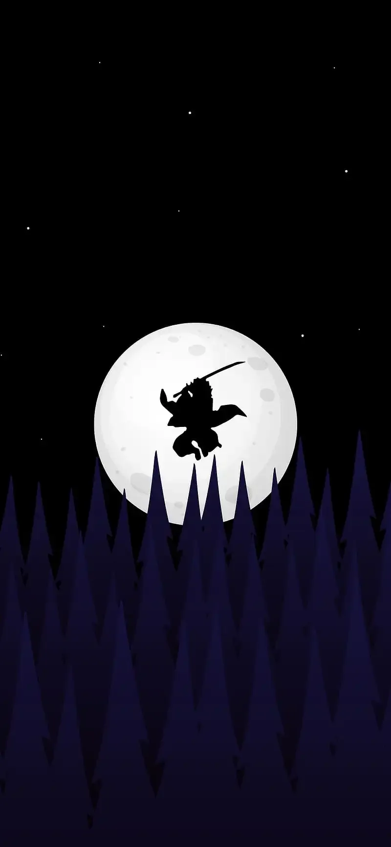 A tiny swordsman leaps across a full moon above jagged purple pines, the starred sky flat black so icons land cleanly on the upper half.