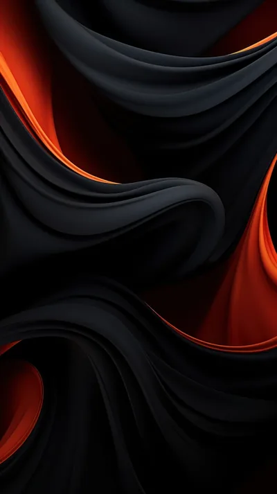 Thick 3D ribbons twist over one another in black, hot orange showing only in the gaps where the folds pull apart.