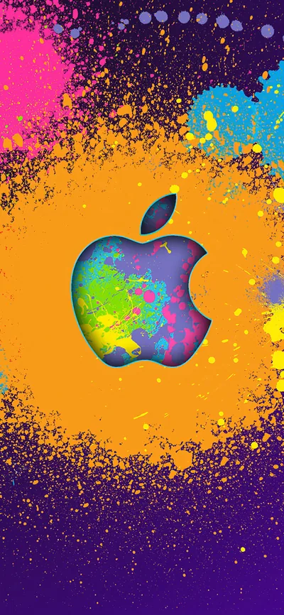 The Apple logo painted in shifting rainbow colour on an orange disc, purple ground around it flecked with splattered pink, yellow and blue.