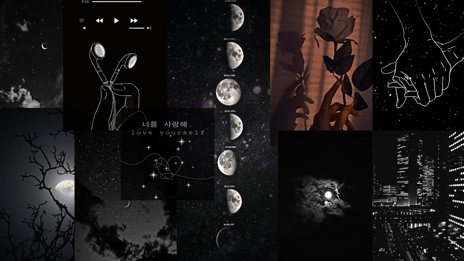 A grid of muted panels: two hands cradling a sprout, a rose in warm brown, moon phase strips repeated twice, bare branches and an aerial city grid across the bottom.