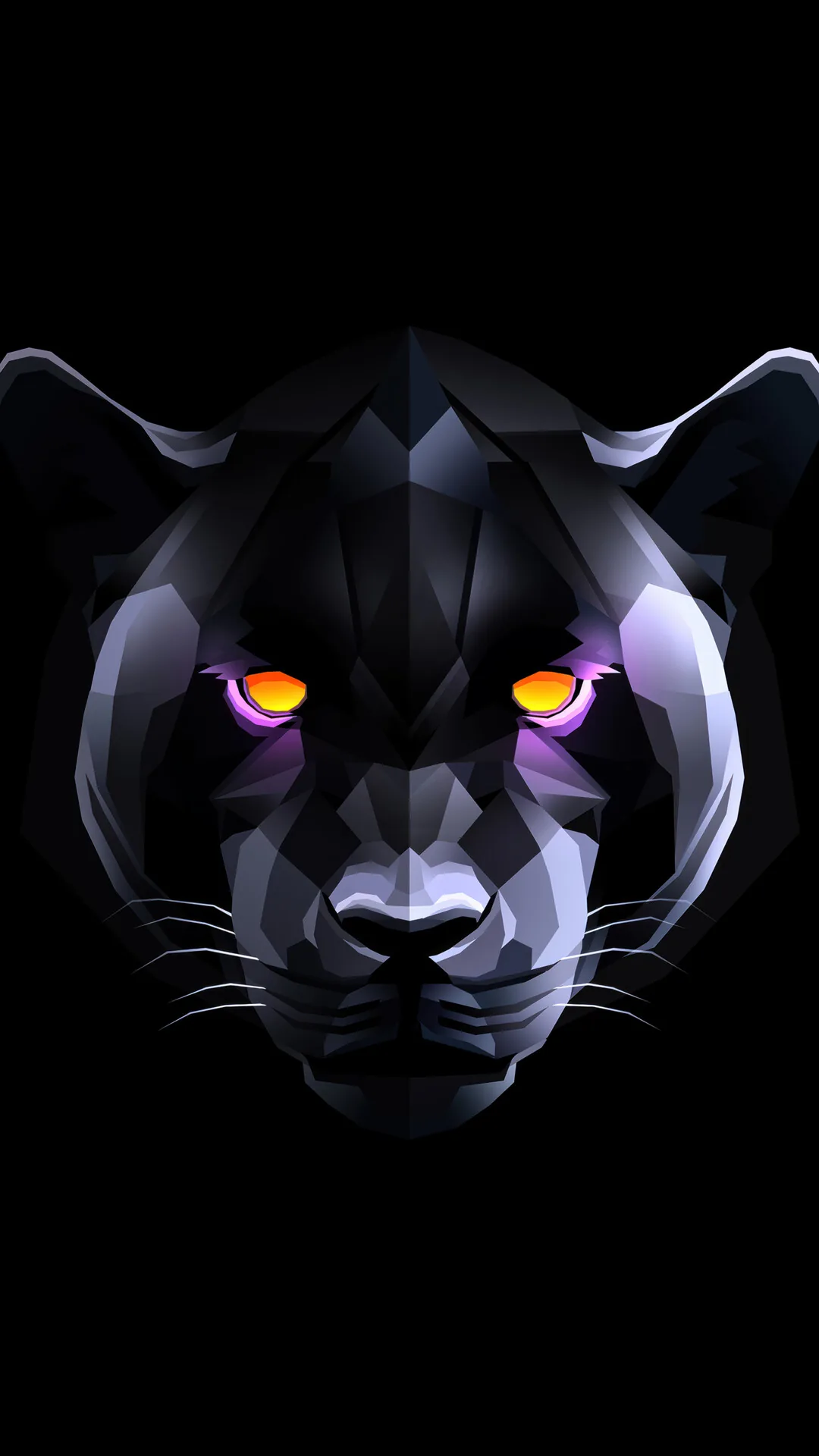 A panther head built from flat geometric facets, its violet and amber eyes the only bright points on the dark field.