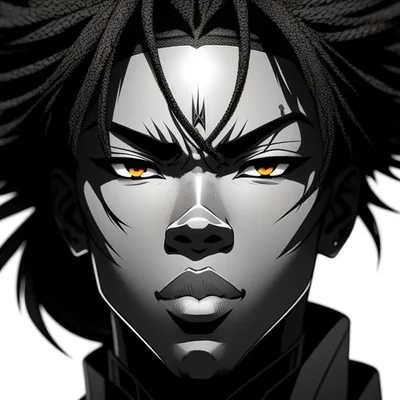 A face straight on in silver-grey shading, braids falling either side, with amber irises the only colour anywhere in the frame.