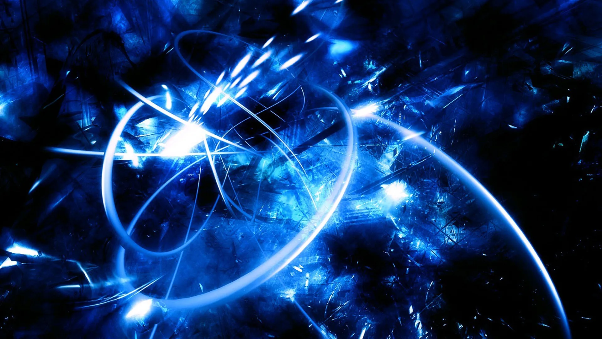 Thin rings loop around a bright core in deep space blue, with sparks and streaks scattering outward toward the darker corners.