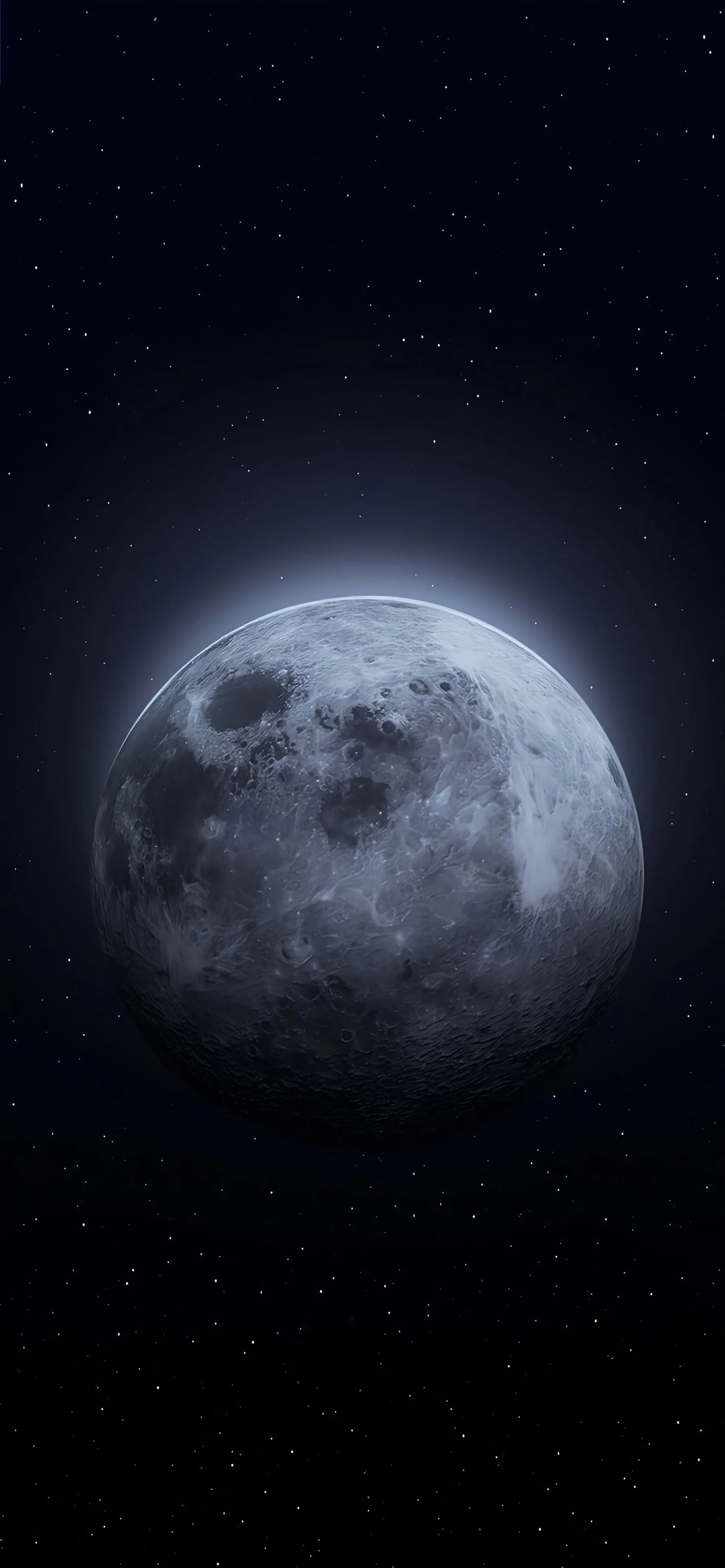 The moon sits low in the frame, craters visible along its face, ringed by a pale halo with faint stars scattered above it.