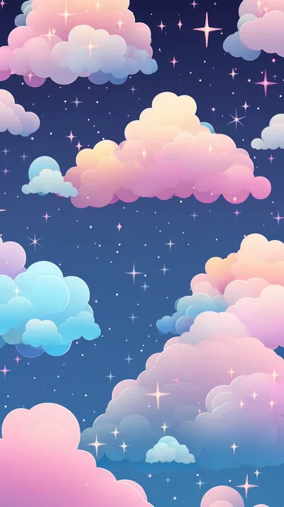 Pink and blue clouds drift across a deep navy sky strewn with sparkle stars, the dark gaps between them keeping white clock digits readable.