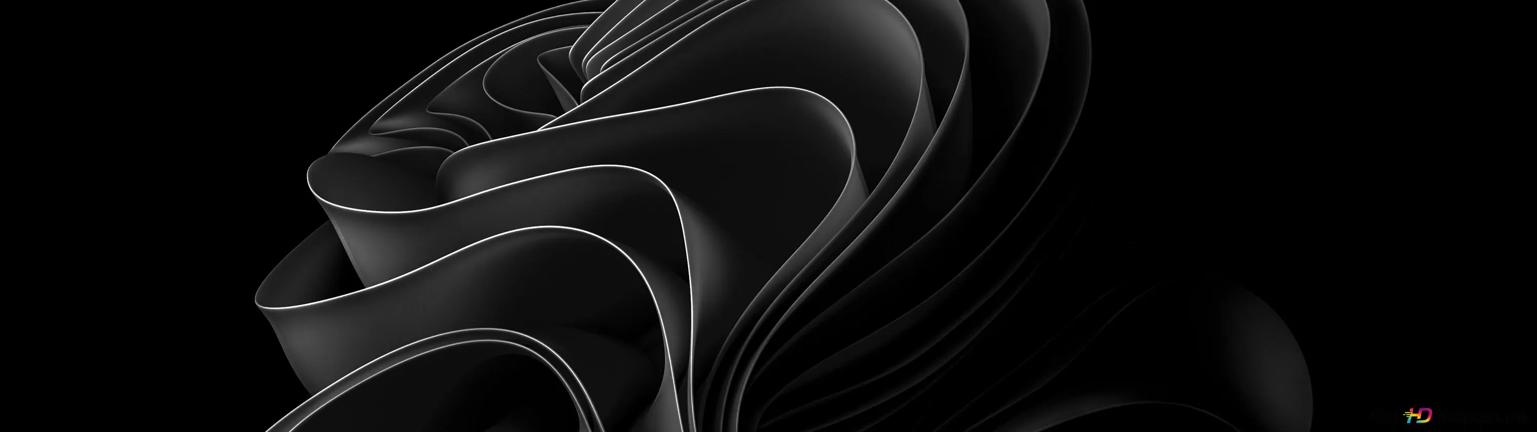 Grey folded ribbons sit slightly right of centre in a very wide black strip, sized for a 21:9 monitor with empty black at both ends.