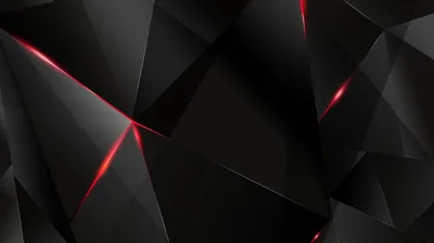 Low-poly facets tilt across the frame in matte black, thin red seams glowing where the edges meet on the left and centre.