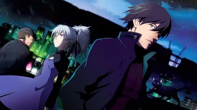 A dark-haired man in the foreground, a white-haired girl and a bearded man behind him, green city lights and a night skyline filling the gap between them.