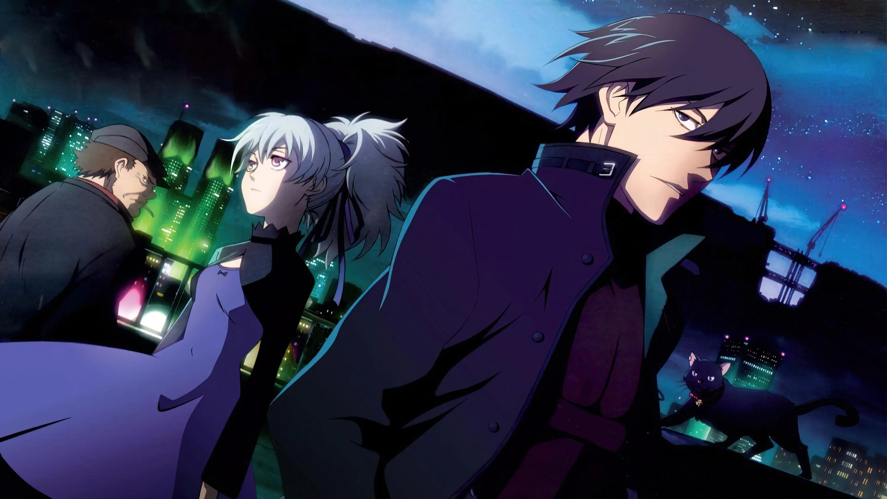 A dark-haired man in the foreground, a white-haired girl and a bearded man behind him, green city lights and a night skyline filling the gap between them.