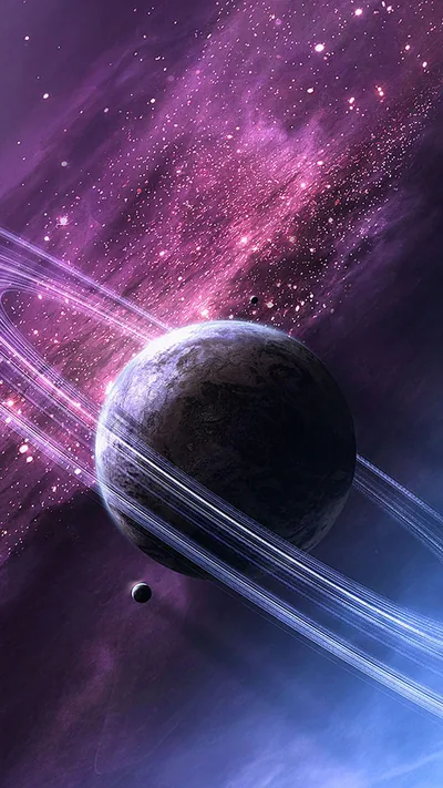 A ringed world sits low in a tall frame while violet light streaks diagonally behind it, a small moon drifting near the bottom edge.