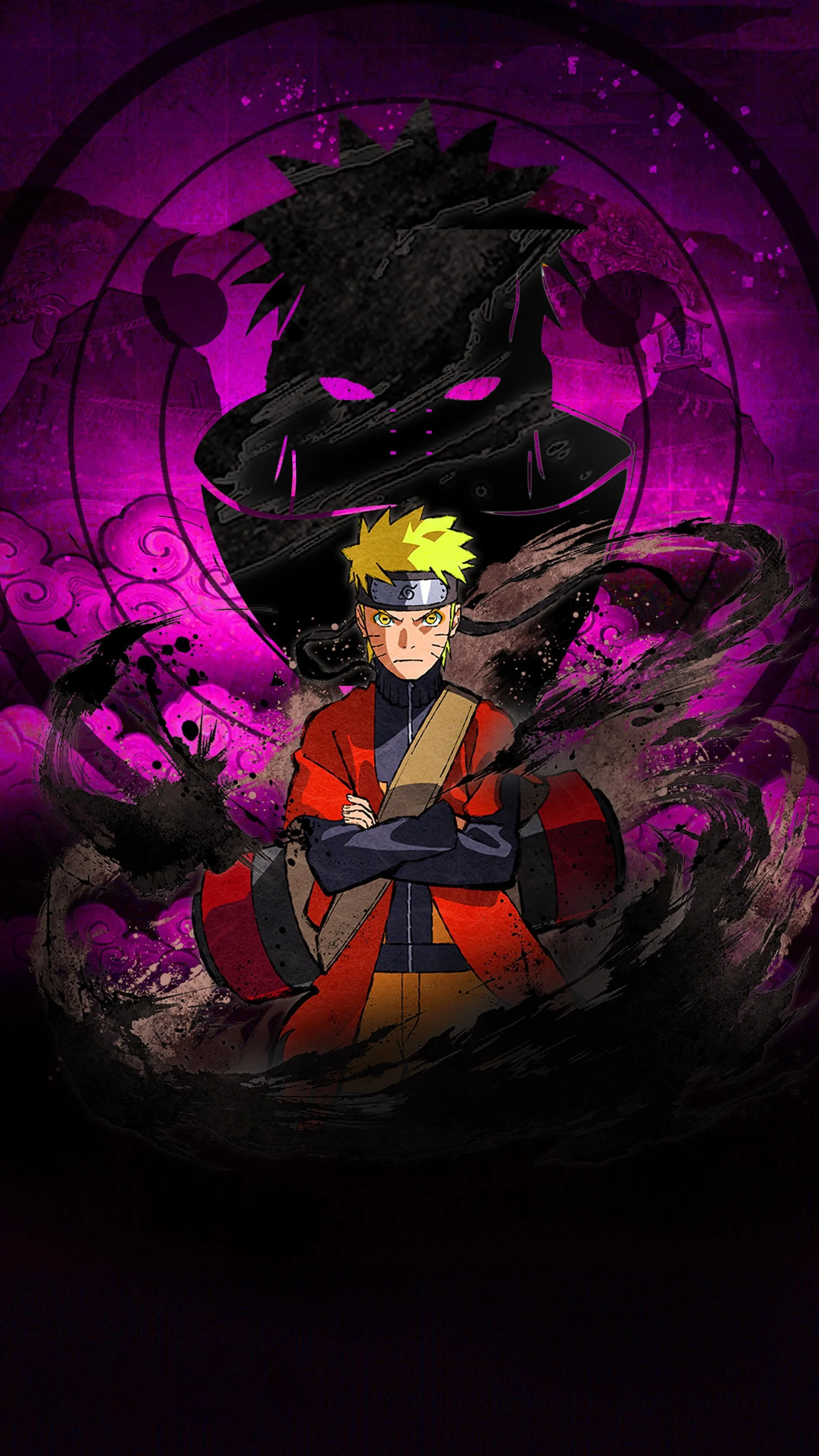 Naruto stands calm in his red sage coat as a violet ritual circle glows behind him and a horned fox silhouette rises overhead — a tall crop made for phones.