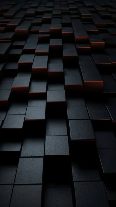 Rows of raised black blocks recede toward the horizon, a few of them catching warm orange light along their top edges.