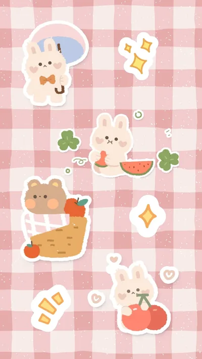 White bordered rabbit stickers with cherries, watermelon and carrot cake sit on pink gingham, each patch of bare check big enough for an app icon.