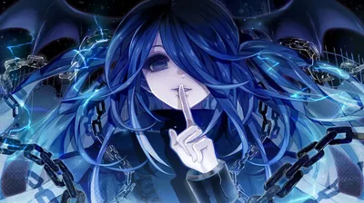 A blue-haired girl raises one finger to her lips, bat wings and heavy chains closing around her in electric blue darkness.