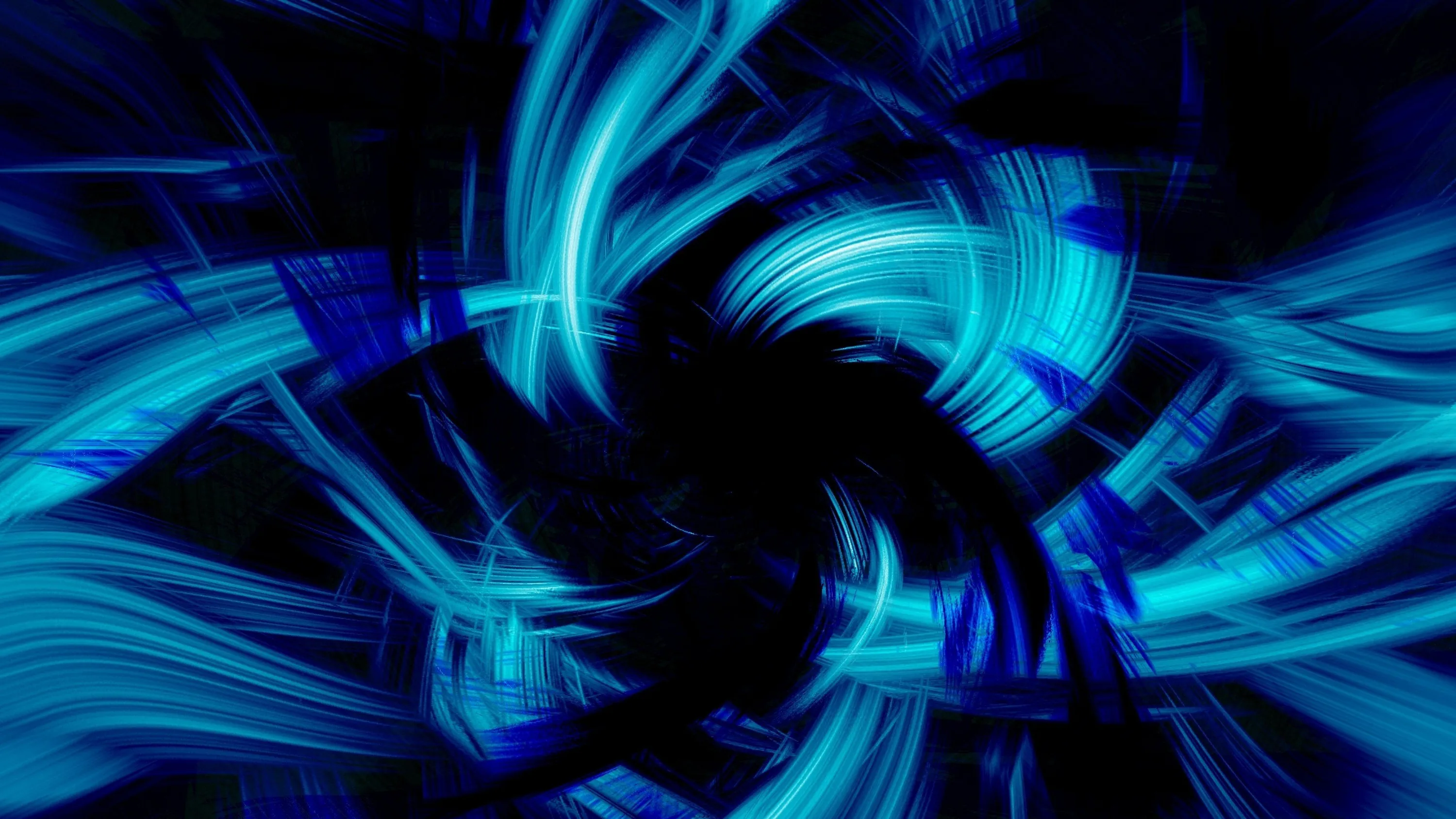 Bright blue strokes spin around a dark hole at the middle of the frame, brightest where they overlap at the edges.