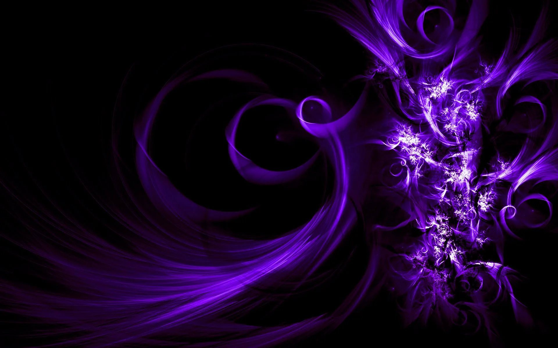 Purple ribbons curl out from a glowing fractal cluster on the right edge, thinning into smoke as they reach the empty black left half.