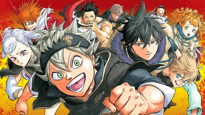 The main cast crowds forward in bright manga-cover colour, Asta grinning front and centre with Yuno, Noelle and Yami packed against a warm orange ground.