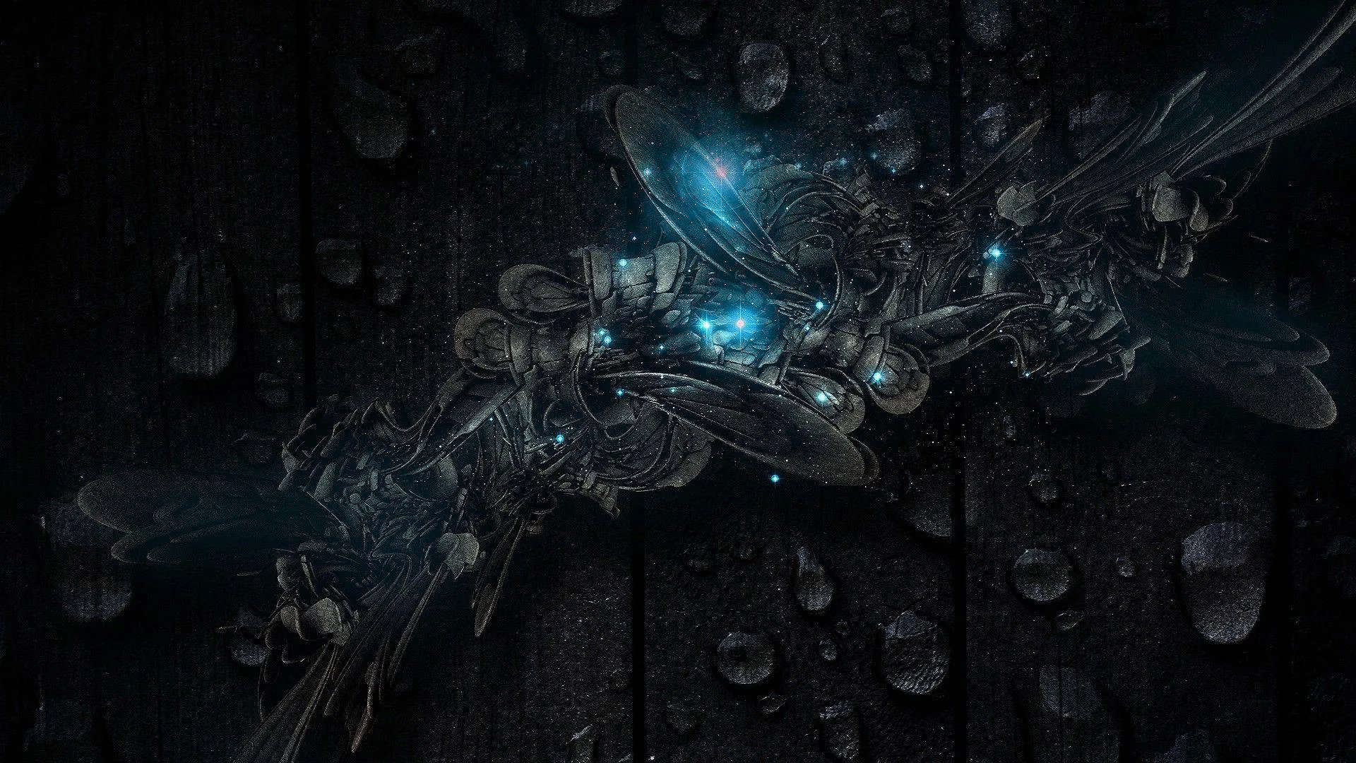 Fragments of metal and glass hang in darkness around a strip of blue light, water droplets scattered across the back plate.