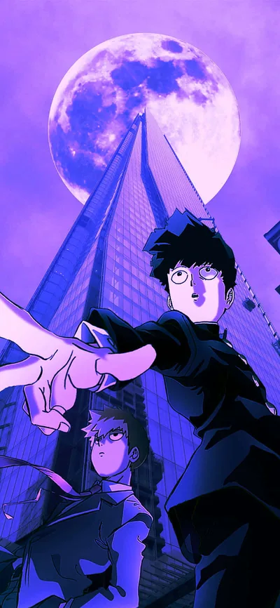 A boy in black reaches his fist toward the viewer beneath a huge moon and looming skyscraper, the whole scene washed in violet.