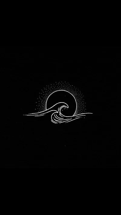 A hand-stippled wave curls in front of a dotted sun halo at the centre of the frame, ink-sketch style, with black space above and below.
