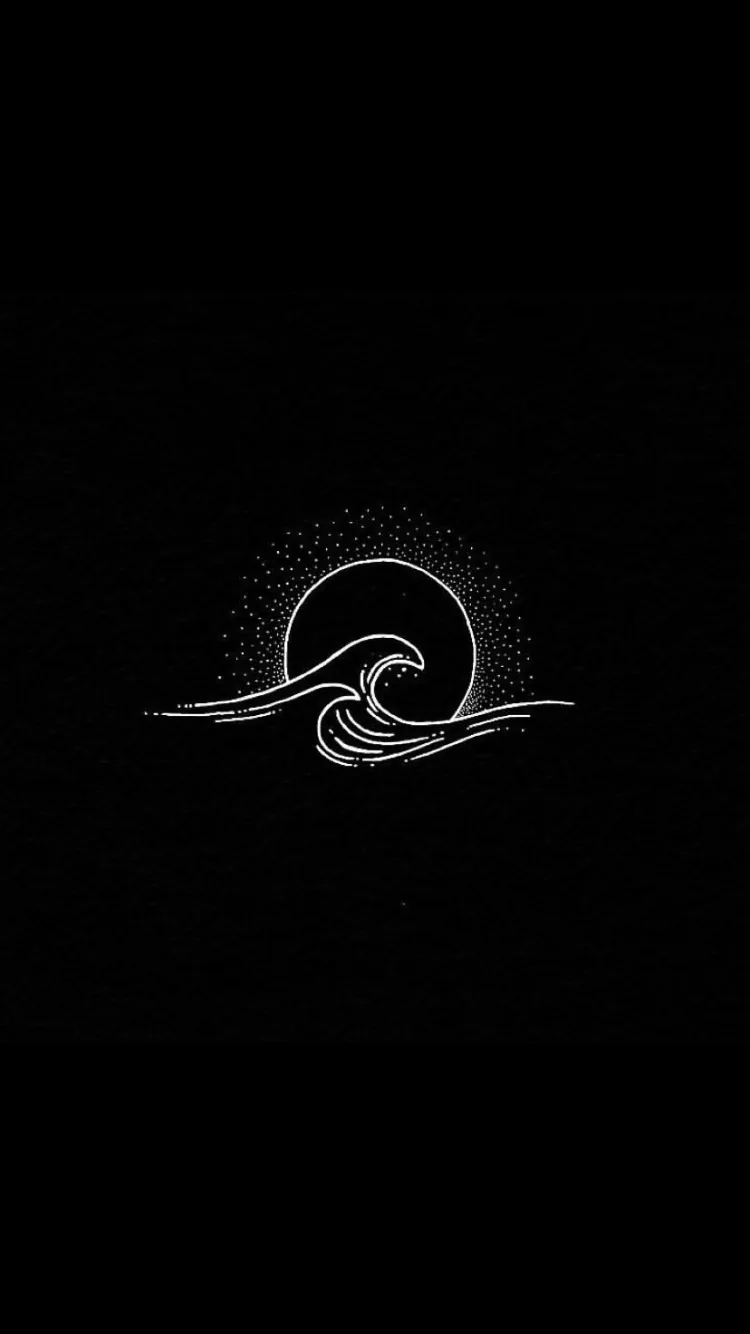 A hand-stippled wave curls in front of a dotted sun halo at the centre of the frame, ink-sketch style, with black space above and below.