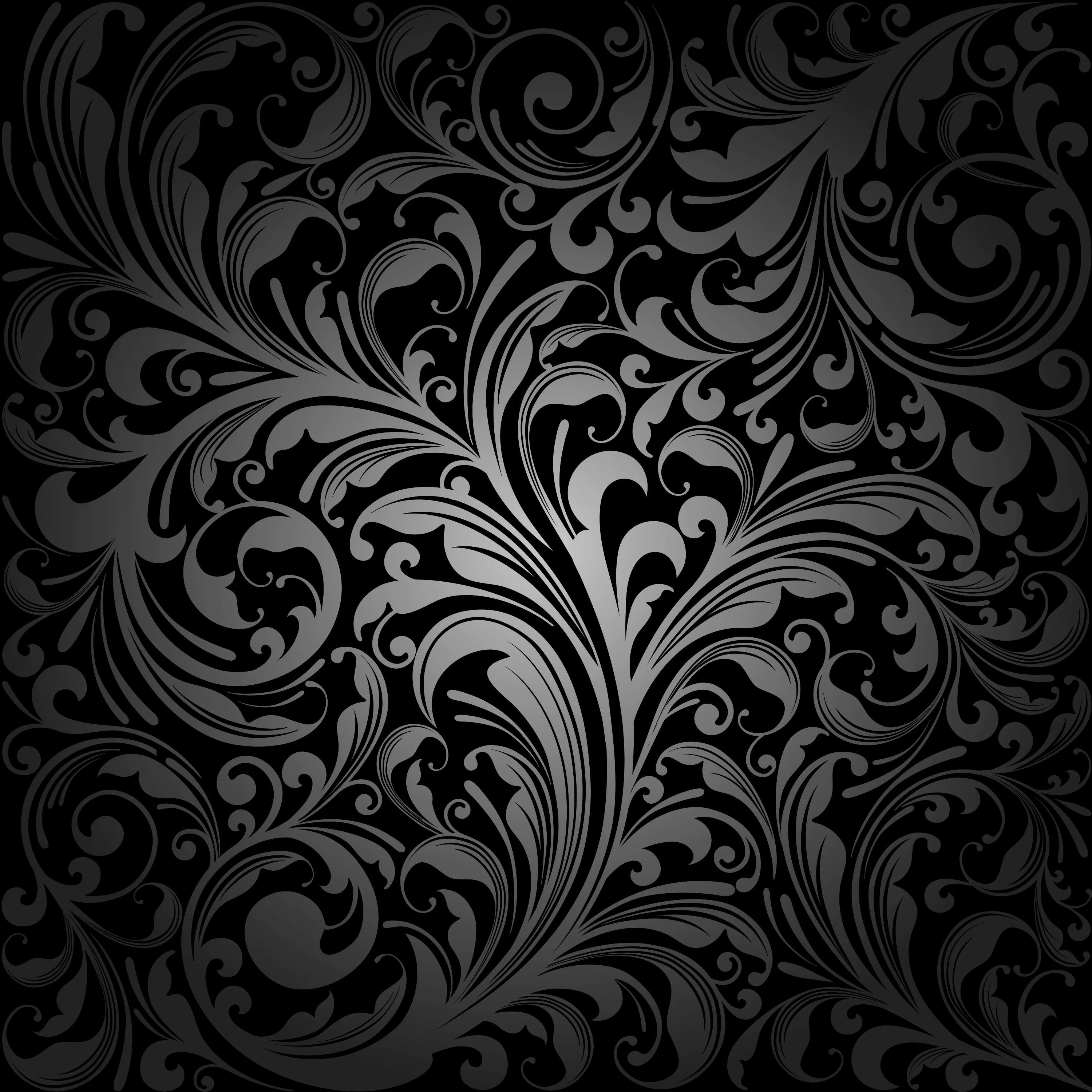 Curling silver scrollwork fills the whole square, the strokes thickest through the middle and thinning out toward the corners.