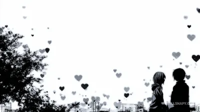 Two children stand in silhouette at the right of a pale grey sky while black hearts drift upward past a bare tree on the left.