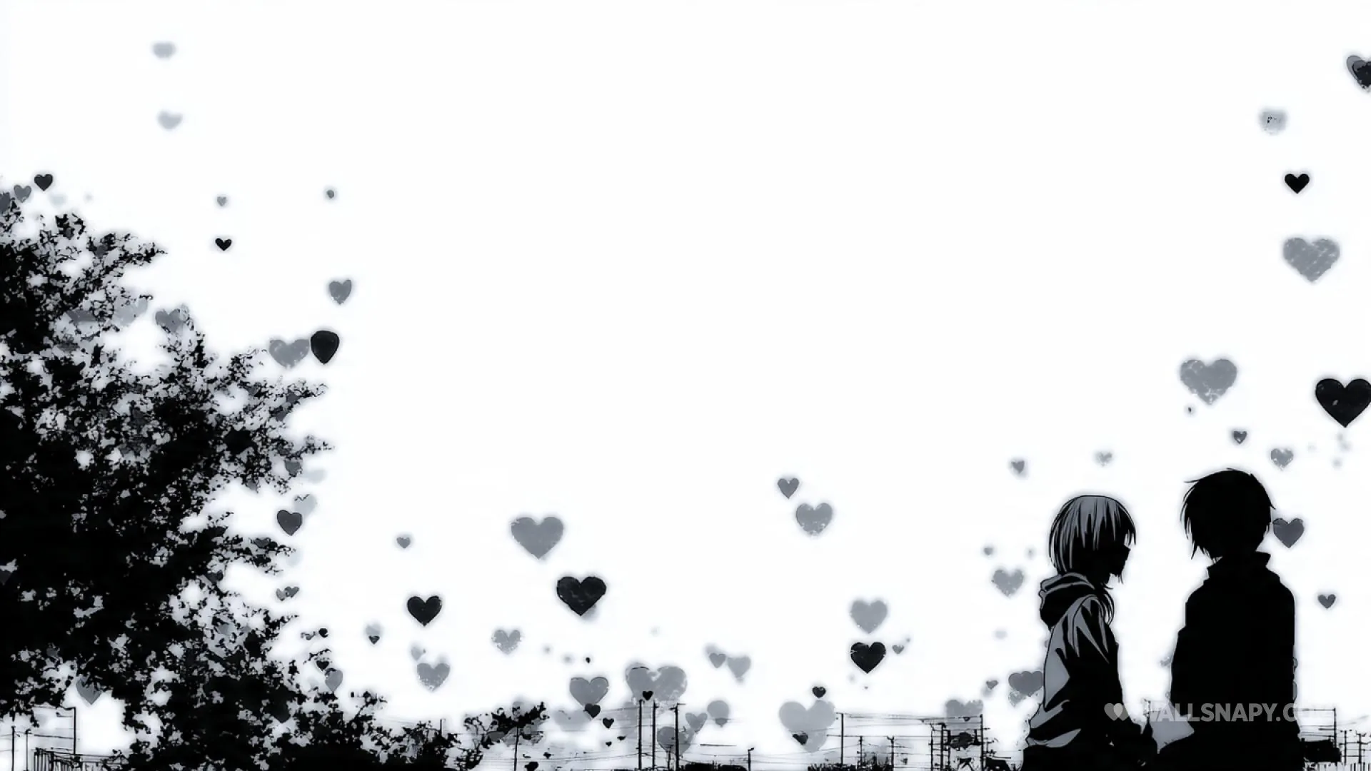 Two children stand in silhouette at the right of a pale grey sky while black hearts drift upward past a bare tree on the left.