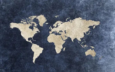 The continents sit in pale sand tones on a mottled dark blue ground, the paper texture showing through everywhere.