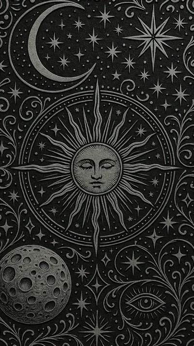 Etched sun face circled by moons, stars and an eye in silver on black, a tarot-style pattern that reads well behind app grids.