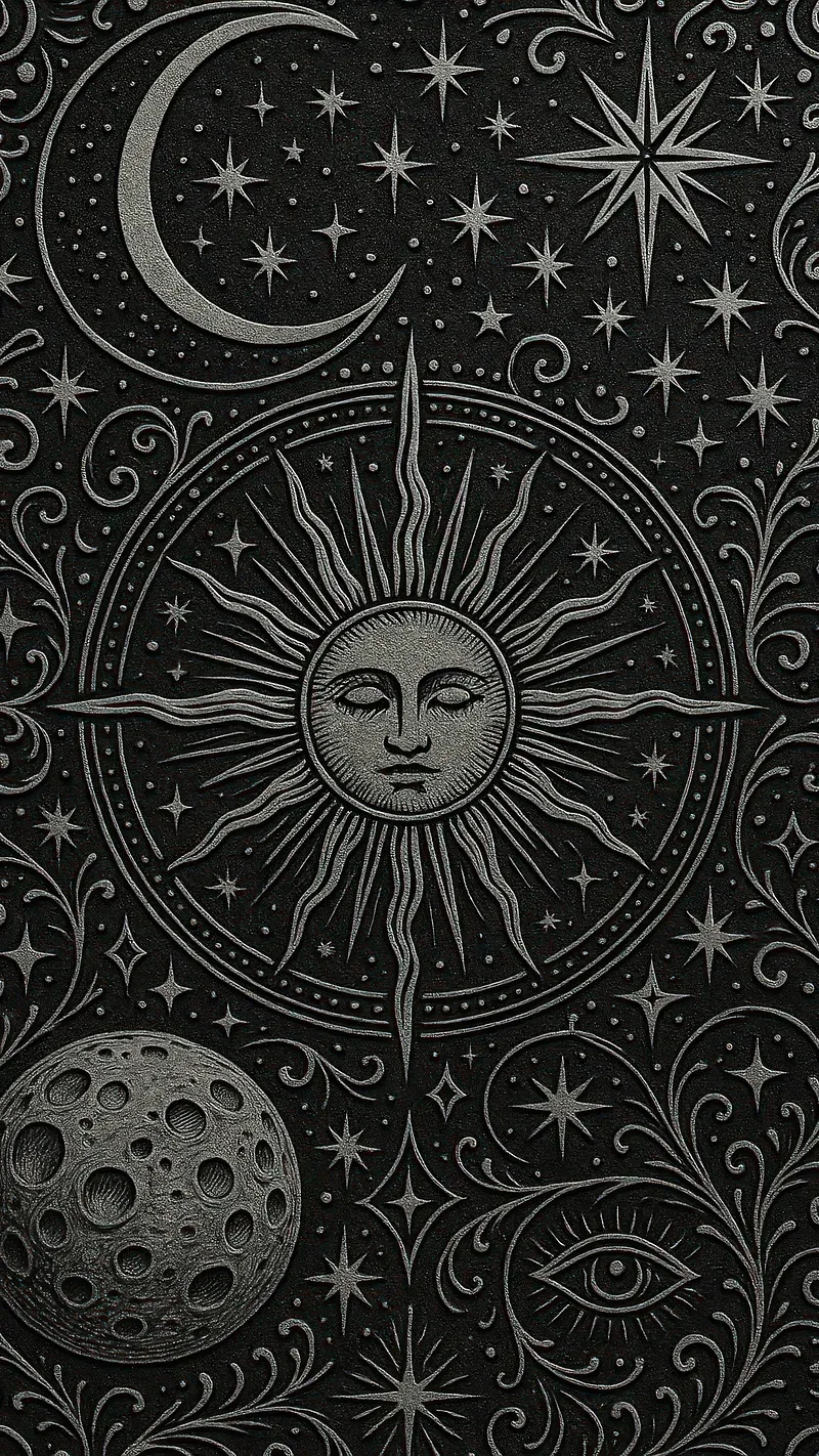 Etched sun face circled by moons, stars and an eye in silver on black, a tarot-style pattern that reads well behind app grids.
