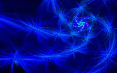 Feathered starbursts of electric blue radiate around a small spiral set high right of centre, the fractal texture filling every corner of the frame.