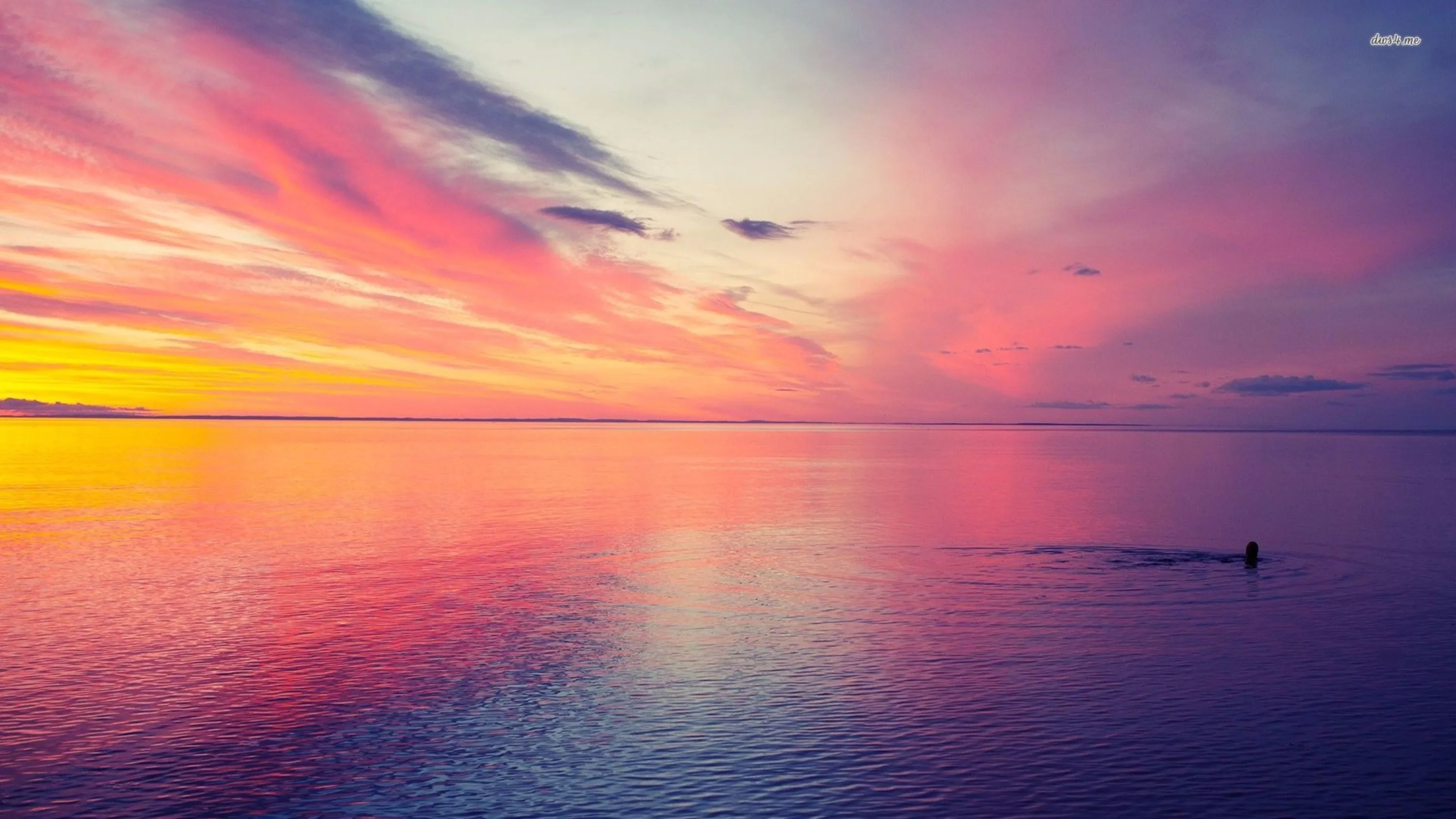 Pink and yellow rays fan across the sky above glassy water, a lone swimmer barely visible at the right — most of the frame stays empty and calm behind icons.