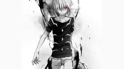 Loose brushwork and black splatter build a white-haired boy on bare paper, one red eye left as the single point of colour.