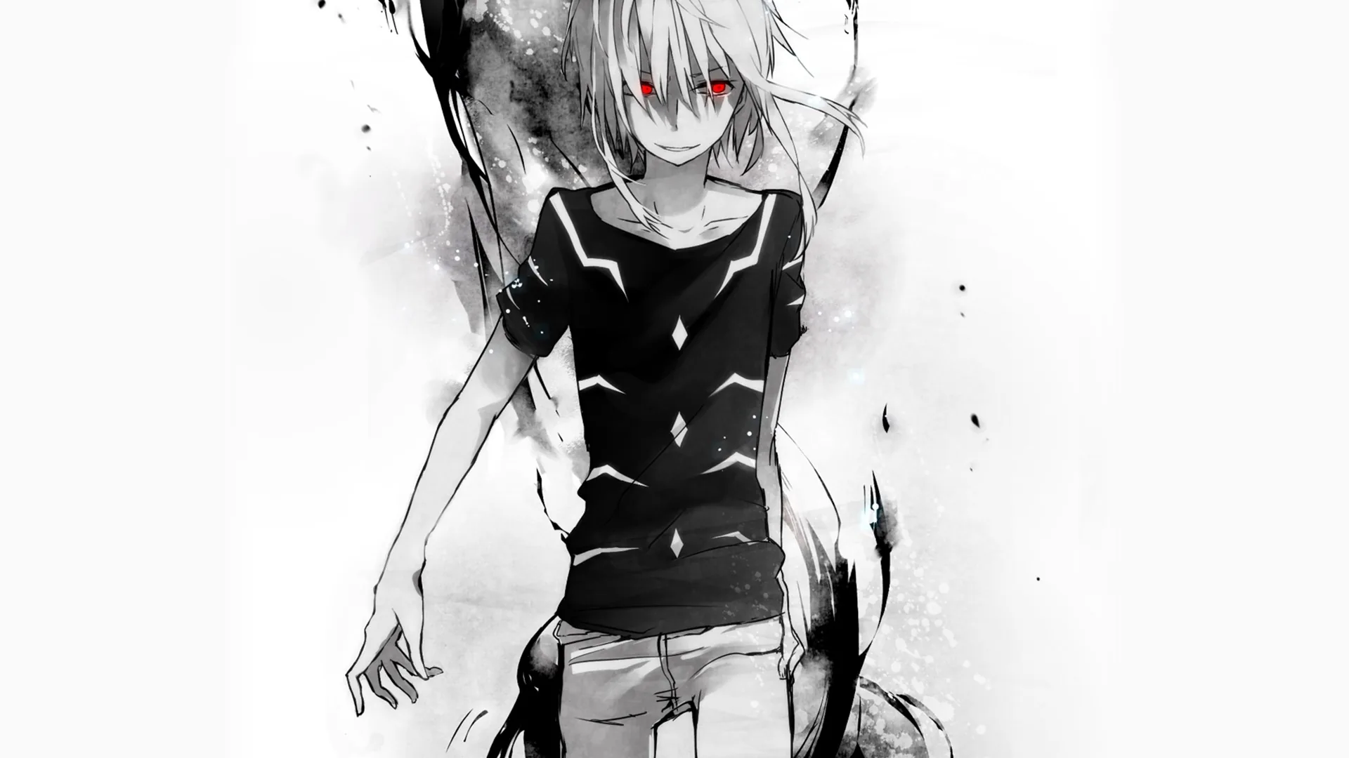 Loose brushwork and black splatter build a white-haired boy on bare paper, one red eye left as the single point of colour.