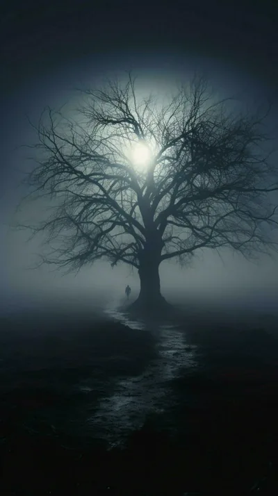 Moonlight burns through fog directly behind a leafless crown while a small figure waits under the boughs, a pale path curling up from the bottom edge.