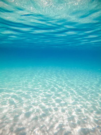 Clear water over pale sand photographed from below the surface, ripple light scattered across the bottom half of the frame.