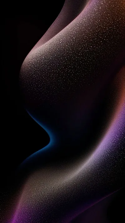 A soft S-curve of purple, bronze and blue light runs down the frame, its surface covered in fine grain that keeps the edges from banding.
