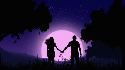A large violet moon rises between two dark trees as a couple walk hand in hand through the grass, stars flecking the deep purple sky.