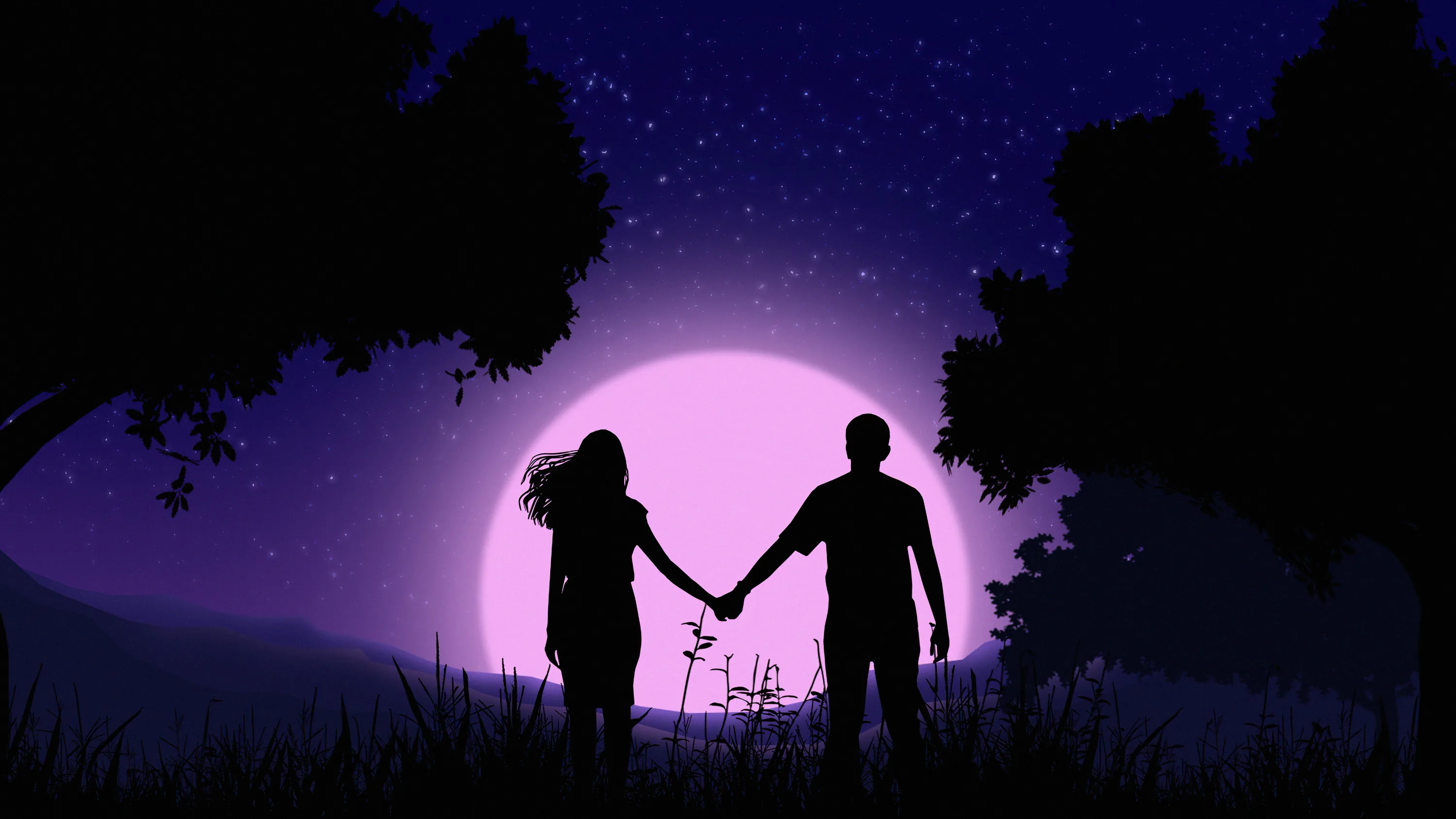 A large violet moon rises between two dark trees as a couple walk hand in hand through the grass, stars flecking the deep purple sky.