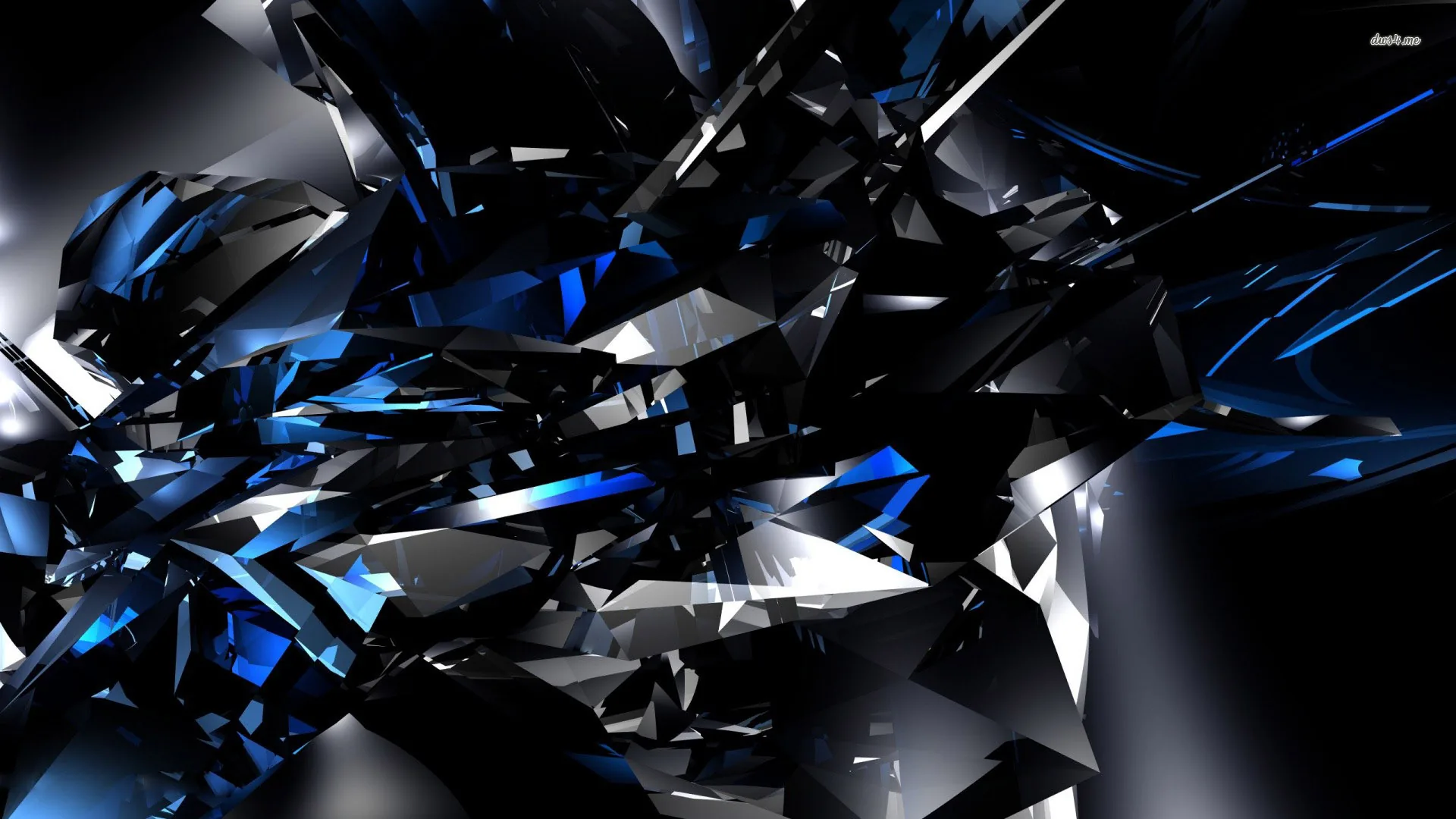 Sharp 3D fragments of blue and black glass explode outward from the centre, each facet catching a hard white highlight.