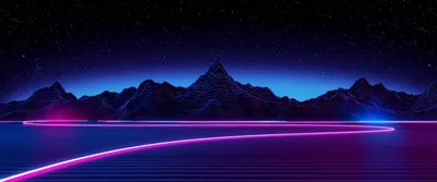 Jagged peaks sit under a dense field of stars while a pink light streak sweeps across the flat foreground and doubles as a reflection.