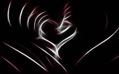 Thin white and red filaments swirl into a heart at the centre of a black field, the strokes thinning out toward the corners.