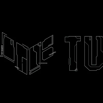 The TUF Gaming letters are drawn as thin white wireframe panels on pure black, built like folded metal plates.